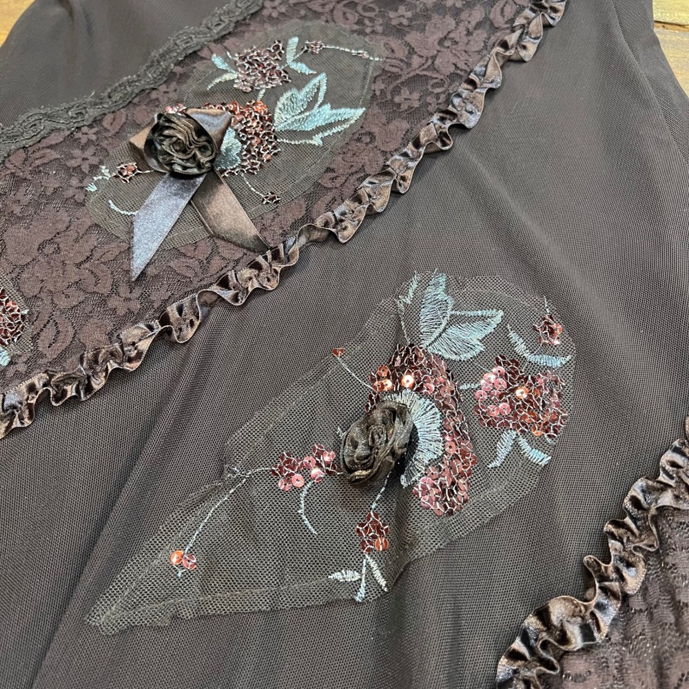 Vintage Boho Ruffle Sequin Embroidered Lace Mesh Midi Skirt Fairycore Y2K M - Picture 8 of 8